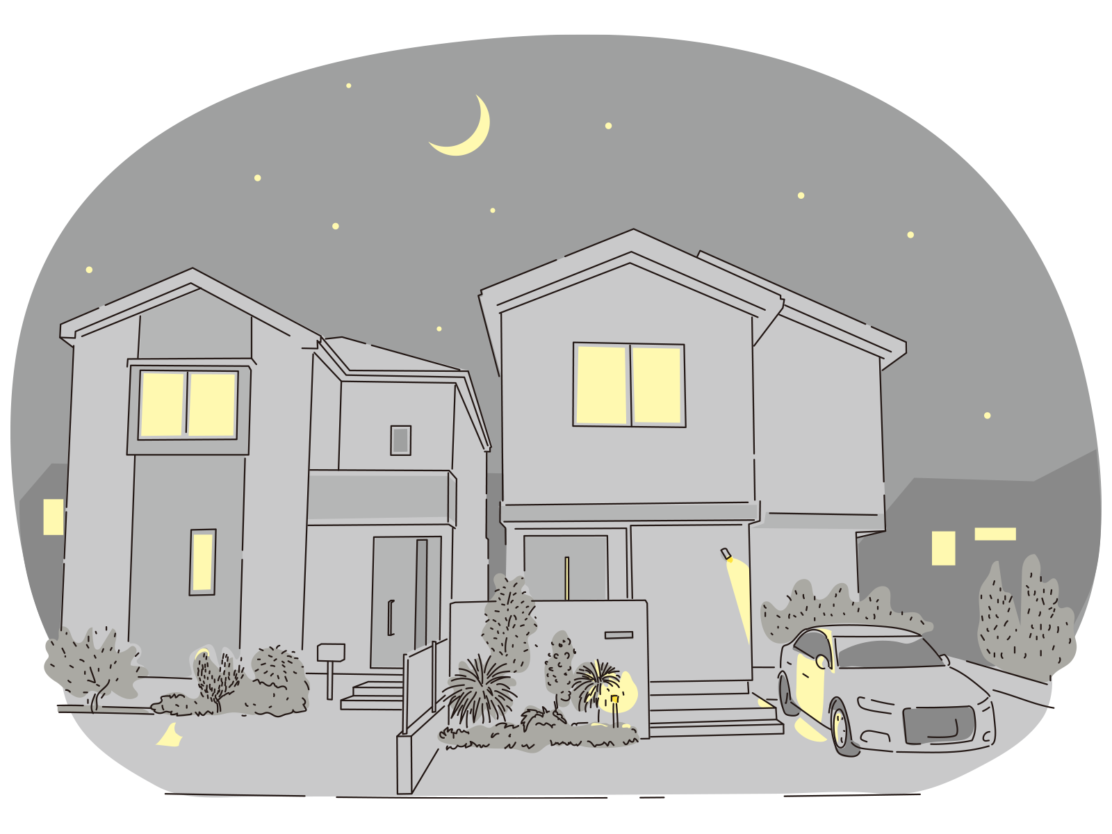 閑静な住宅街（夜）のイラスト
